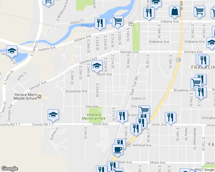 map of restaurants, bars, coffee shops, grocery stores, and more near 1643 South 22nd Street in Sheboygan