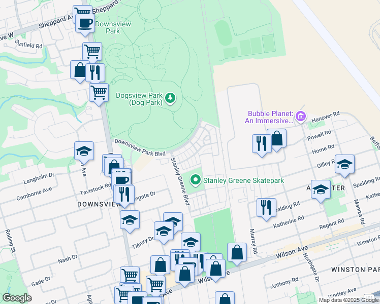 map of restaurants, bars, coffee shops, grocery stores, and more near 50 Thomas Mulholland Drive in Toronto