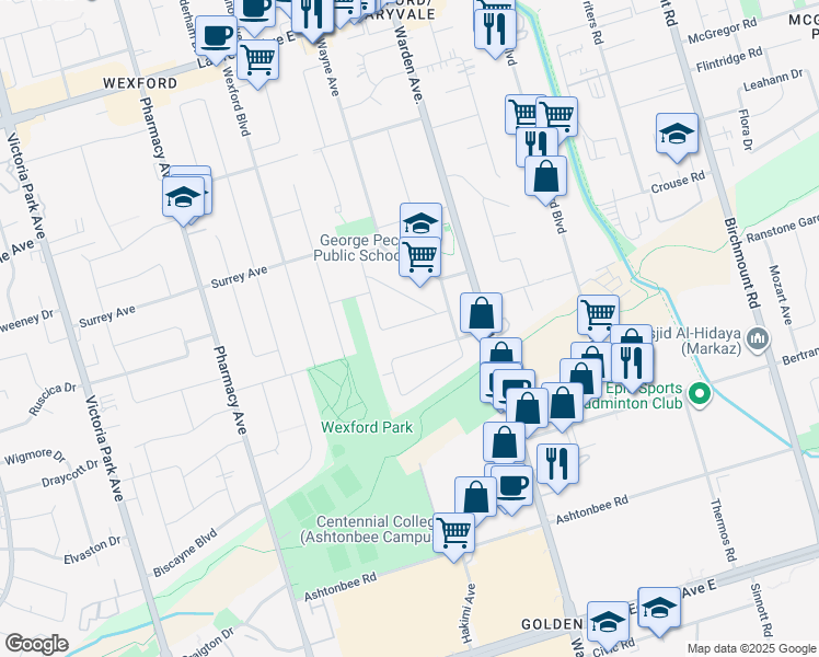 map of restaurants, bars, coffee shops, grocery stores, and more near 22 Lingarde Drive in Toronto