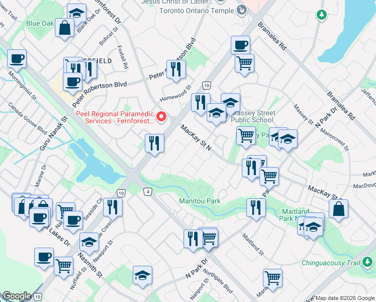 map of restaurants, bars, coffee shops, grocery stores, and more near 13 Manitou Crescent in Brampton