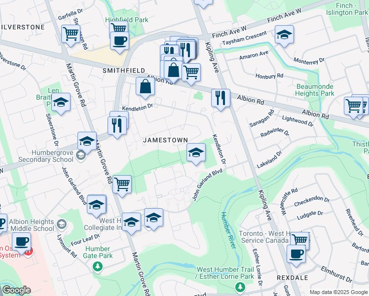 map of restaurants, bars, coffee shops, grocery stores, and more near 26 Masseygrove Crescent in Toronto
