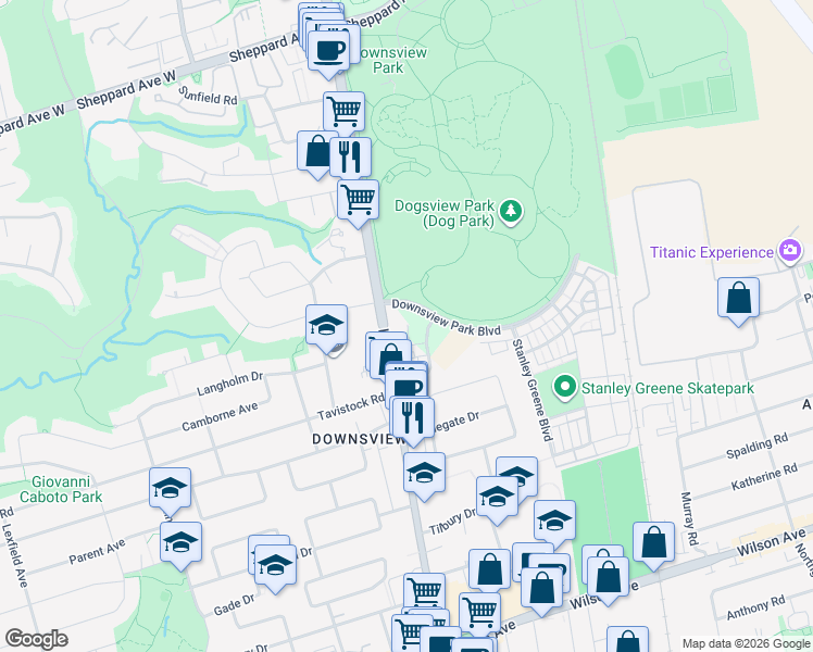 map of restaurants, bars, coffee shops, grocery stores, and more near 50 George Butchart Drive in Toronto