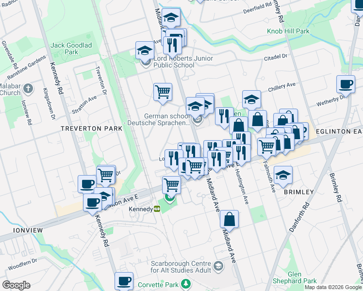 map of restaurants, bars, coffee shops, grocery stores, and more near in Toronto