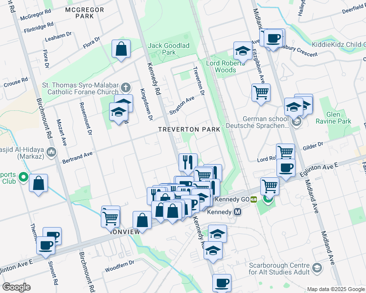 map of restaurants, bars, coffee shops, grocery stores, and more near 20A Oakworth Crescent in Toronto