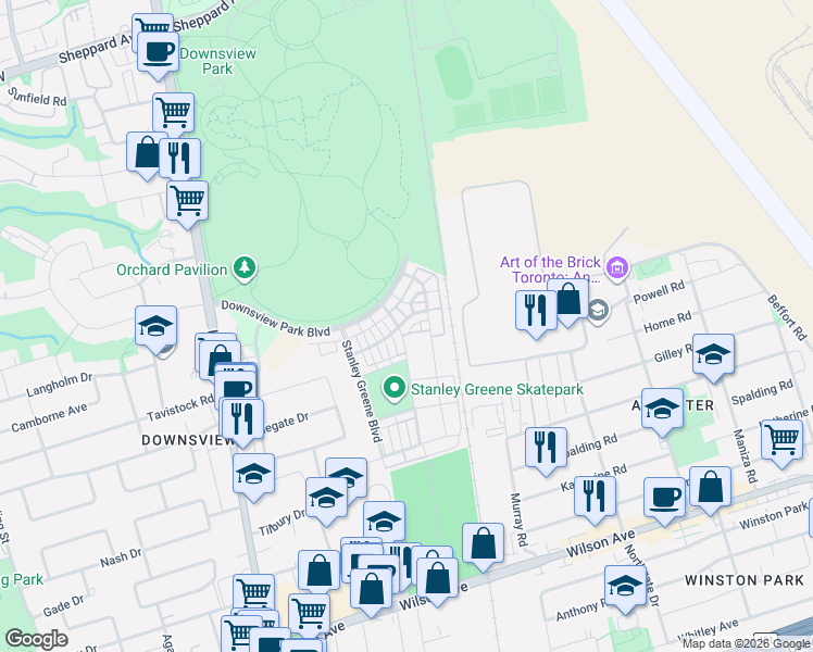 map of restaurants, bars, coffee shops, grocery stores, and more near 33 Thomas Mulholland Drive in Toronto