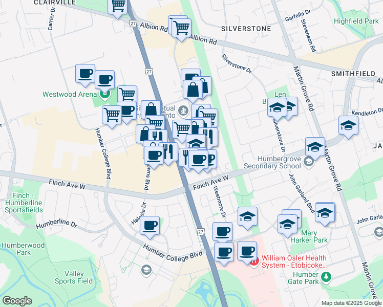 map of restaurants, bars, coffee shops, grocery stores, and more near in Toronto