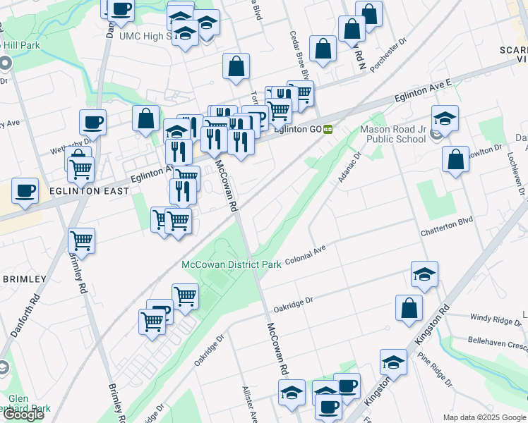 map of restaurants, bars, coffee shops, grocery stores, and more near 57 Bridlegrove Drive in Toronto