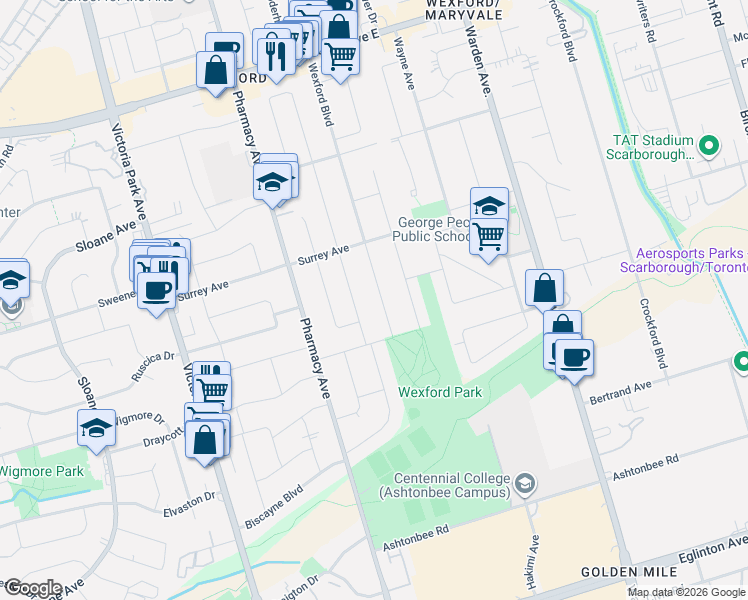 map of restaurants, bars, coffee shops, grocery stores, and more near 18 Wexford Boulevard in Toronto