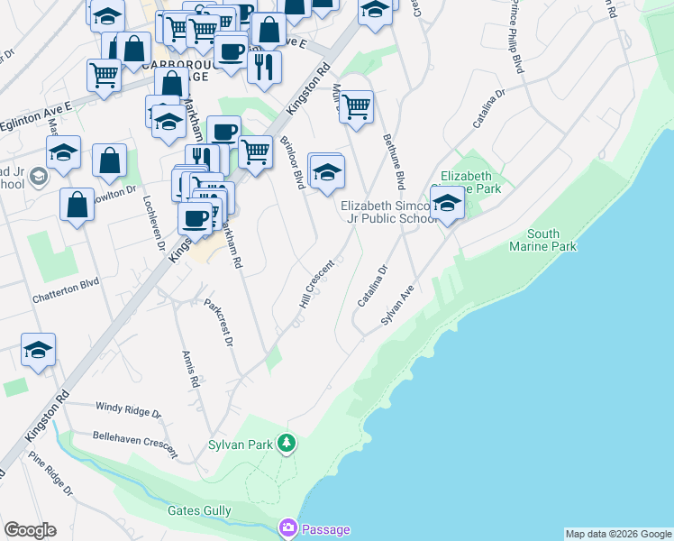 map of restaurants, bars, coffee shops, grocery stores, and more near 59 Hill Crescent in Toronto