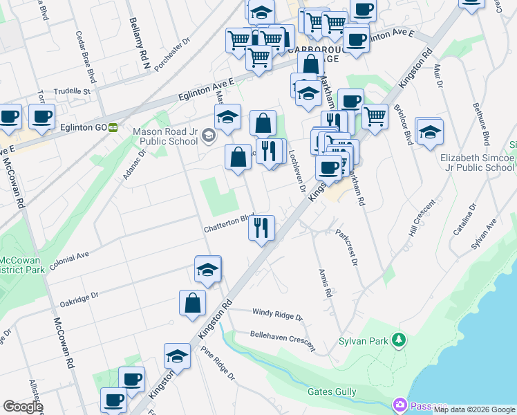 map of restaurants, bars, coffee shops, grocery stores, and more near 4 Greendowns Drive in Toronto