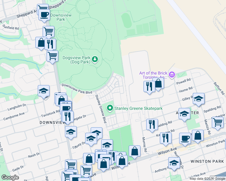 map of restaurants, bars, coffee shops, grocery stores, and more near 27 Thomas Mulholland Drive in Toronto