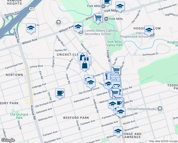 map of restaurants, bars, coffee shops, grocery stores, and more near 89 Yonge Boulevard in Toronto