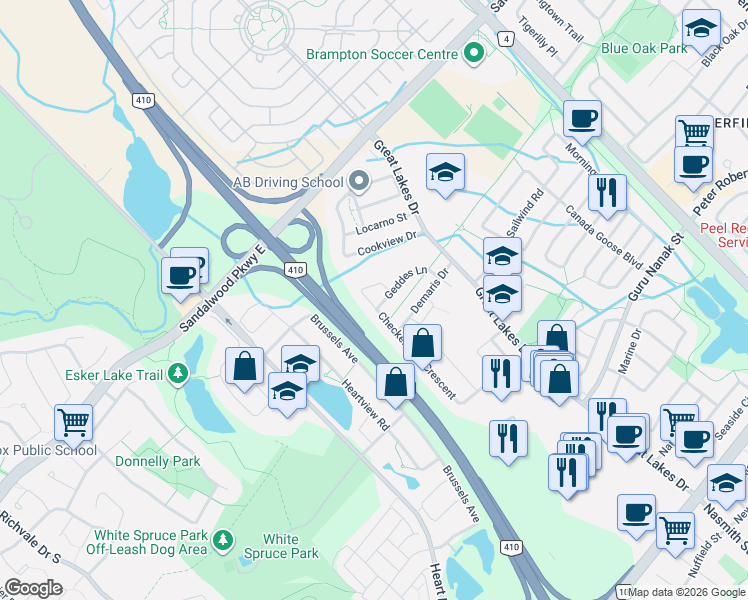 map of restaurants, bars, coffee shops, grocery stores, and more near 86 Checkerberry Crescent in Brampton