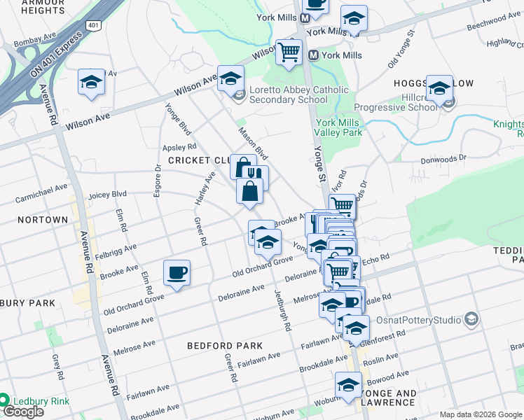 map of restaurants, bars, coffee shops, grocery stores, and more near 89 Yonge Boulevard in Toronto