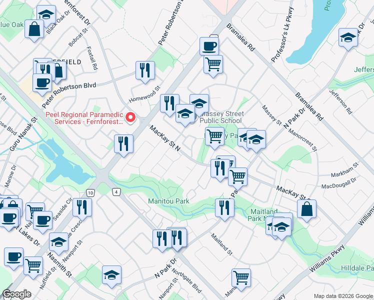 map of restaurants, bars, coffee shops, grocery stores, and more near 75 McMullen Crescent in Brampton