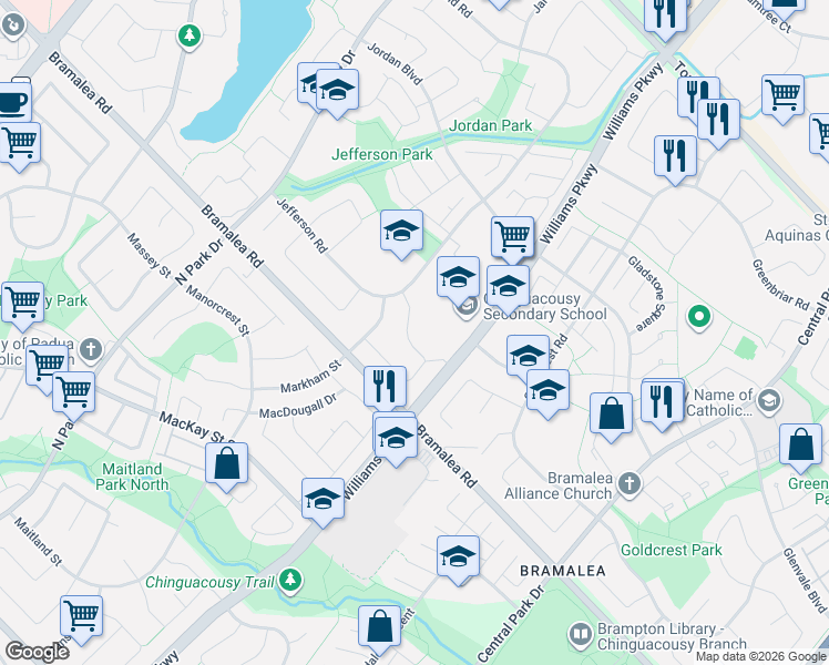 map of restaurants, bars, coffee shops, grocery stores, and more near 21 Juniper Crescent in Brampton