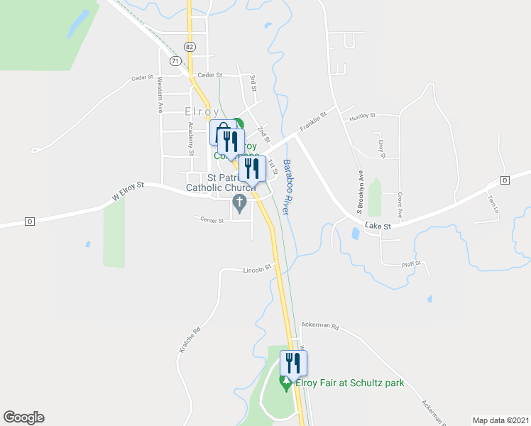 map of restaurants, bars, coffee shops, grocery stores, and more near 130 South Main Street in Elroy