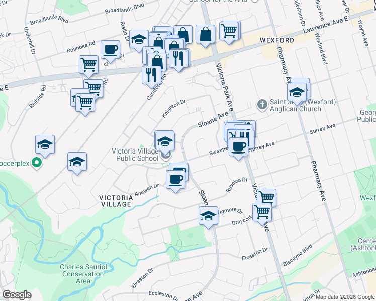 map of restaurants, bars, coffee shops, grocery stores, and more near 185 Sloane Avenue in Toronto