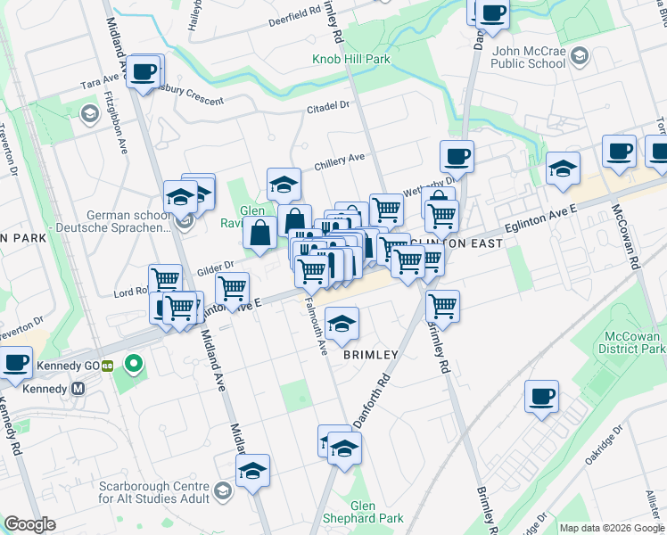 map of restaurants, bars, coffee shops, grocery stores, and more near 2624 Eglinton Avenue East in Toronto