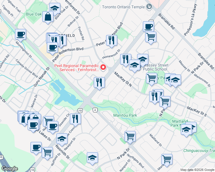 map of restaurants, bars, coffee shops, grocery stores, and more near Manitou Crescent in Brampton