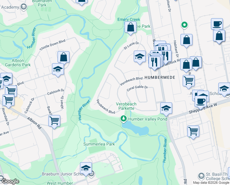 map of restaurants, bars, coffee shops, grocery stores, and more near 116 Verobeach Boulevard in Toronto