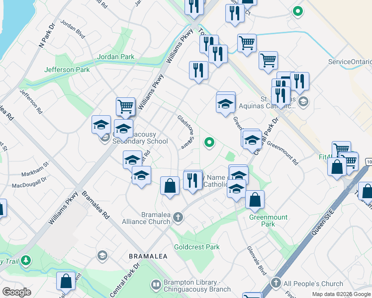 map of restaurants, bars, coffee shops, grocery stores, and more near in Brampton