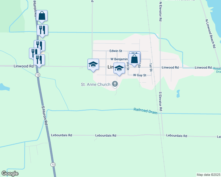 map of restaurants, bars, coffee shops, grocery stores, and more near 200 S 4th Street in Linwood