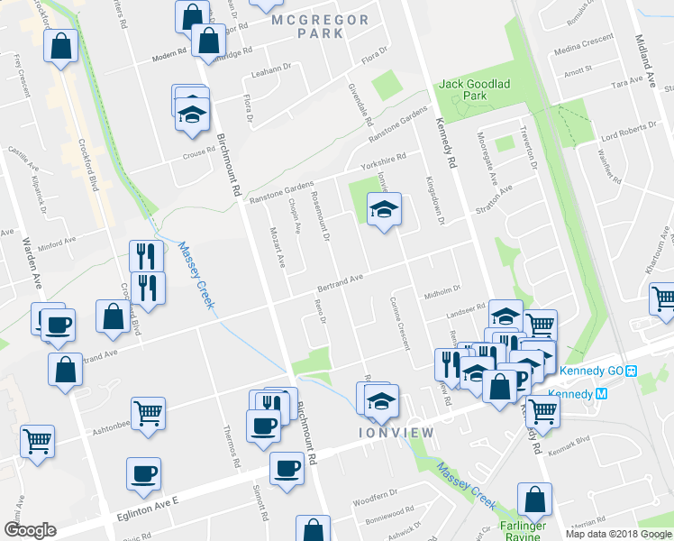 map of restaurants, bars, coffee shops, grocery stores, and more near 70 Rosemount Drive in Toronto