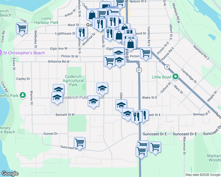 map of restaurants, bars, coffee shops, grocery stores, and more near 196 Cameron Street in Goderich