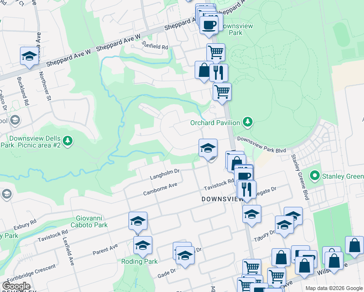 map of restaurants, bars, coffee shops, grocery stores, and more near 66 Whitburn Crescent in Toronto