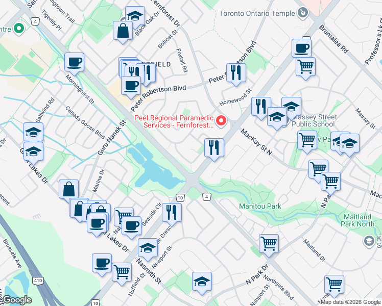 map of restaurants, bars, coffee shops, grocery stores, and more near 10 Lofty Pines Place in Brampton