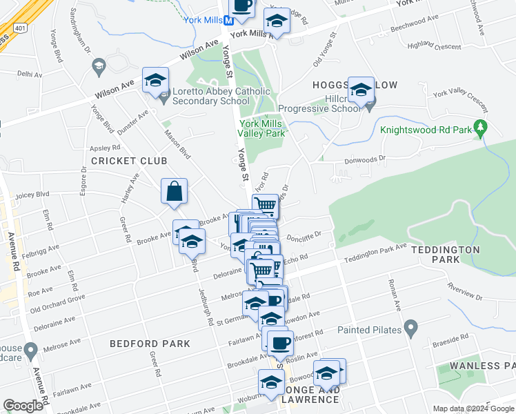 map of restaurants, bars, coffee shops, grocery stores, and more near 5 Scotch Elmway in Toronto