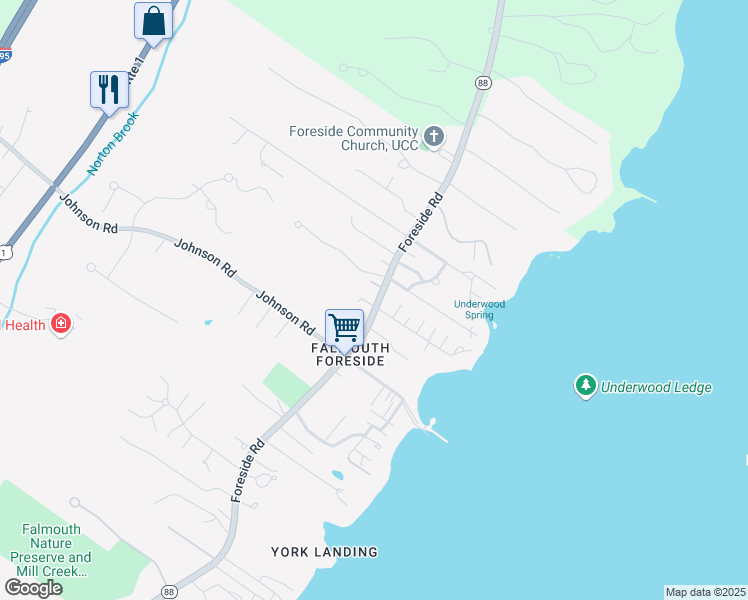 map of restaurants, bars, coffee shops, grocery stores, and more near 294 Foreside Road in Falmouth