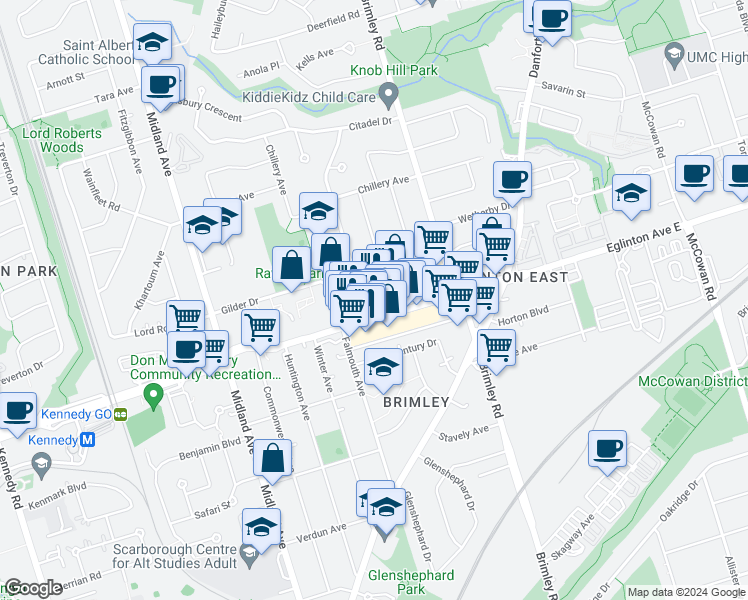 map of restaurants, bars, coffee shops, grocery stores, and more near in Toronto