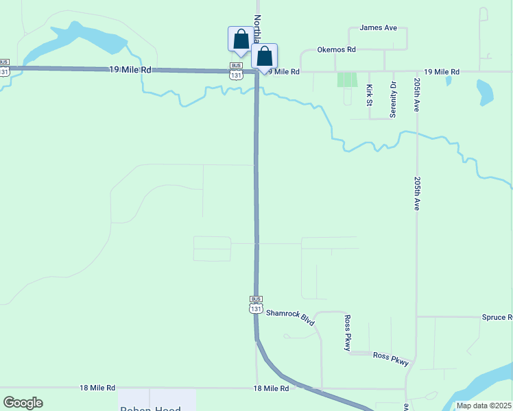 map of restaurants, bars, coffee shops, grocery stores, and more near 18650 Northland Drive in Big Rapids