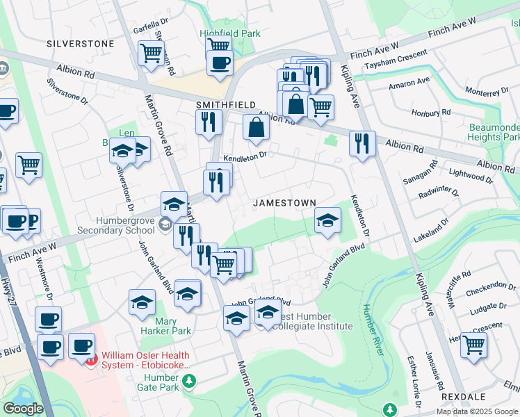 map of restaurants, bars, coffee shops, grocery stores, and more near 46 Orpington Crescent in Toronto