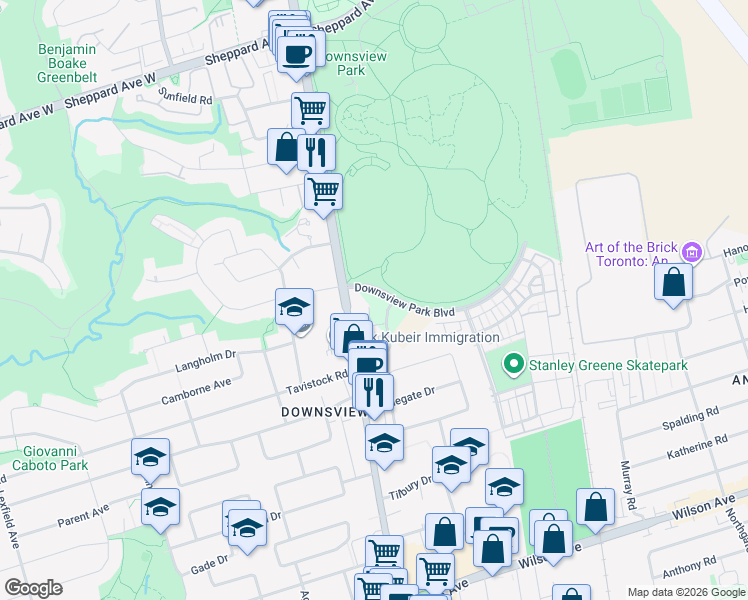 map of restaurants, bars, coffee shops, grocery stores, and more near 60 George Butchart Drive in Toronto