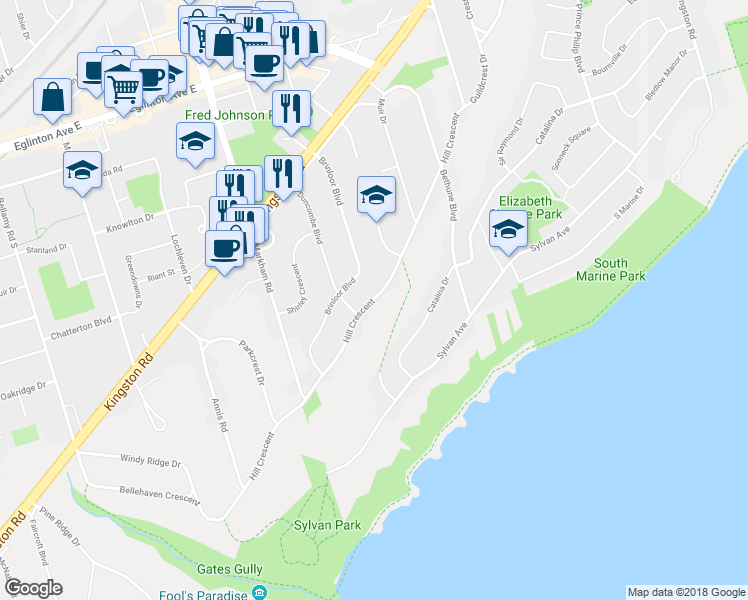 map of restaurants, bars, coffee shops, grocery stores, and more near 59 Hill Crescent in Toronto