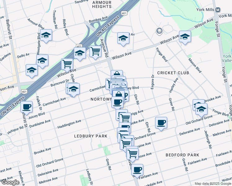 map of restaurants, bars, coffee shops, grocery stores, and more near in Toronto