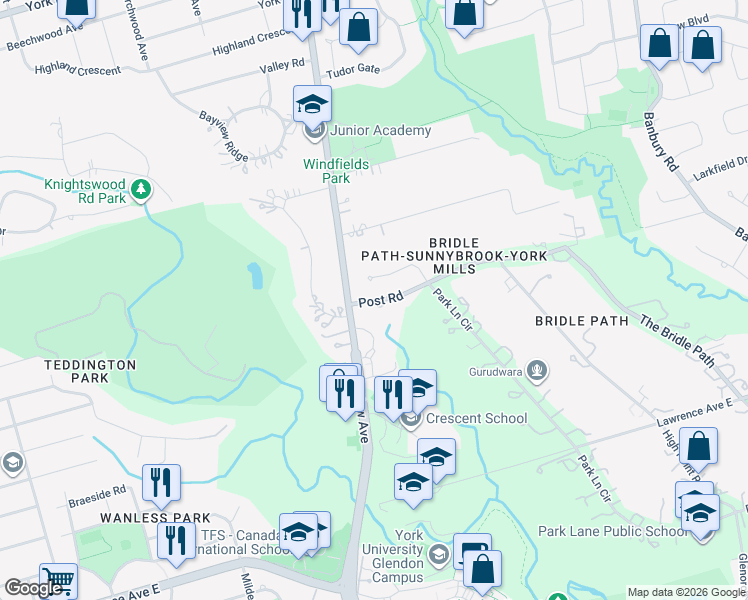 map of restaurants, bars, coffee shops, grocery stores, and more near 10 Hyde Park Circle in Toronto