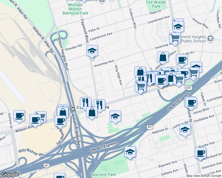 map of restaurants, bars, coffee shops, grocery stores, and more near 24 Wigan Crescent in Toronto