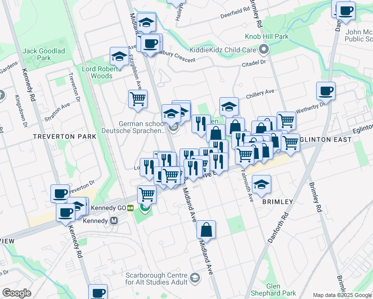 map of restaurants, bars, coffee shops, grocery stores, and more near 20 Gilder Drive in Toronto