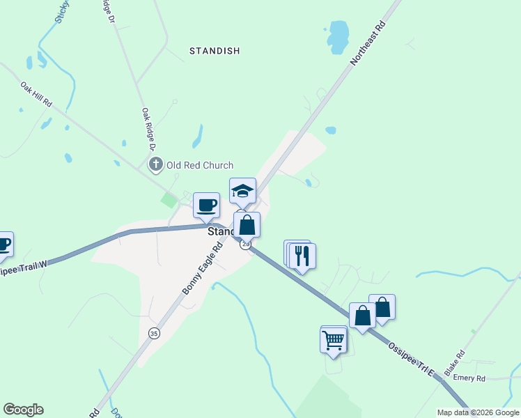 map of restaurants, bars, coffee shops, grocery stores, and more near 30 Northeast Road in Standish