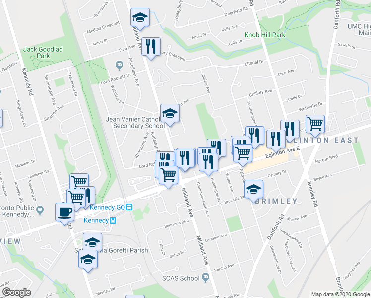 map of restaurants, bars, coffee shops, grocery stores, and more near 511-945 Midland Avenue in Toronto