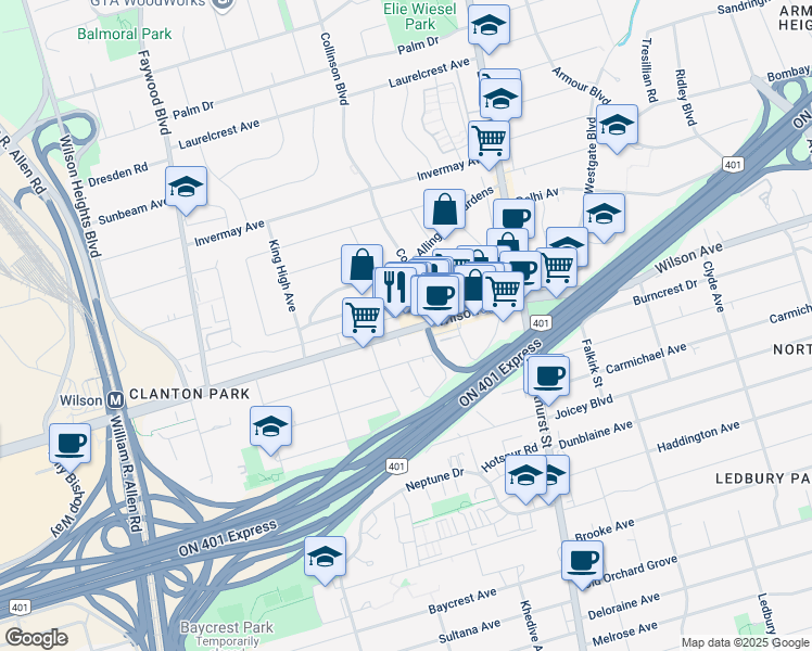 map of restaurants, bars, coffee shops, grocery stores, and more near 358 Wilson Avenue in Toronto