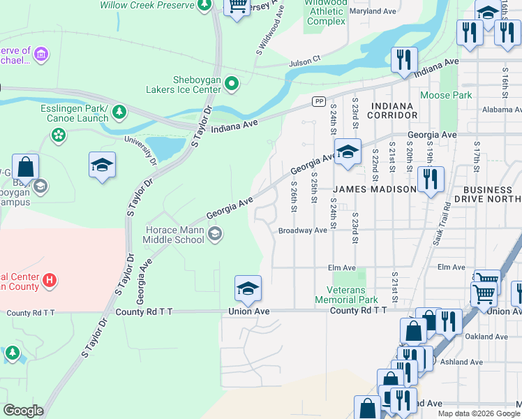map of restaurants, bars, coffee shops, grocery stores, and more near 1626 Black Walnut Trail in Sheboygan