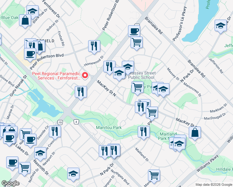 map of restaurants, bars, coffee shops, grocery stores, and more near in Brampton