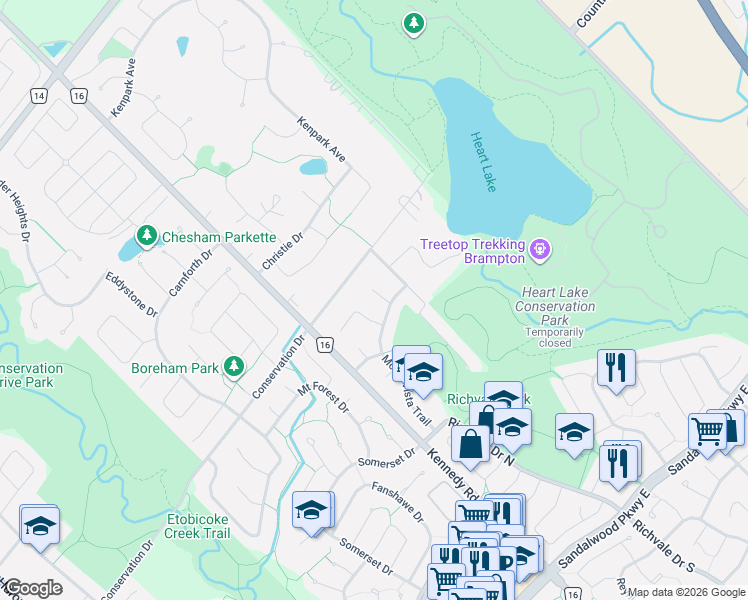 map of restaurants, bars, coffee shops, grocery stores, and more near 6 Chalmers Court in Brampton