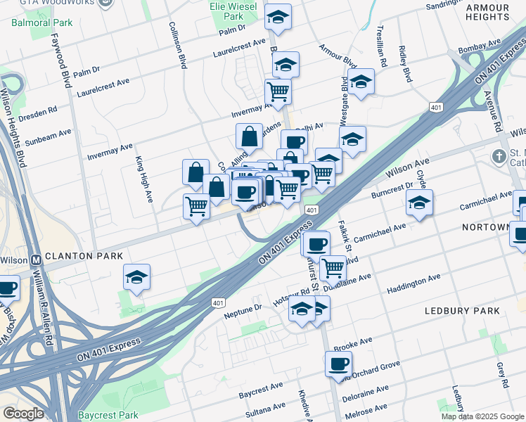 map of restaurants, bars, coffee shops, grocery stores, and more near in Toronto