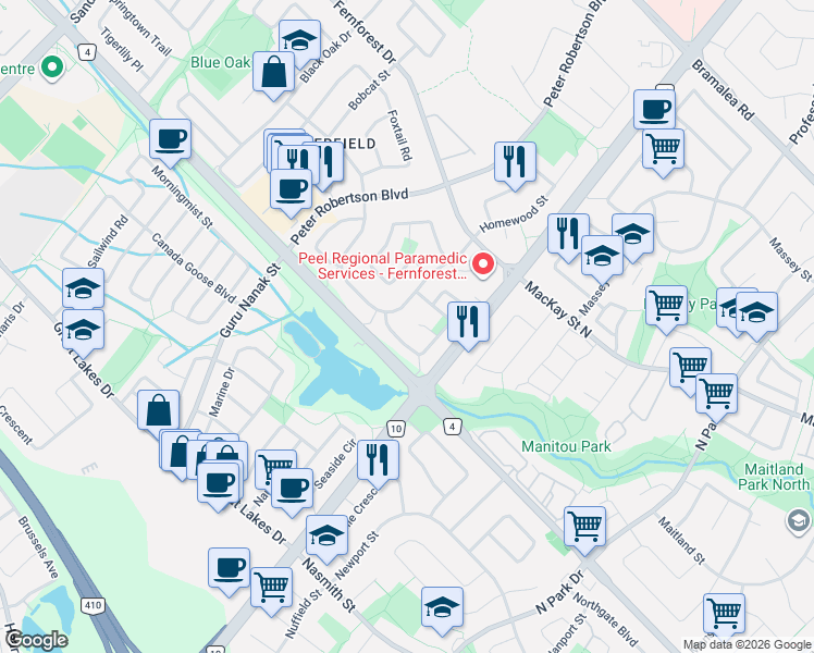 map of restaurants, bars, coffee shops, grocery stores, and more near 27 Lofty Pines Place in Brampton